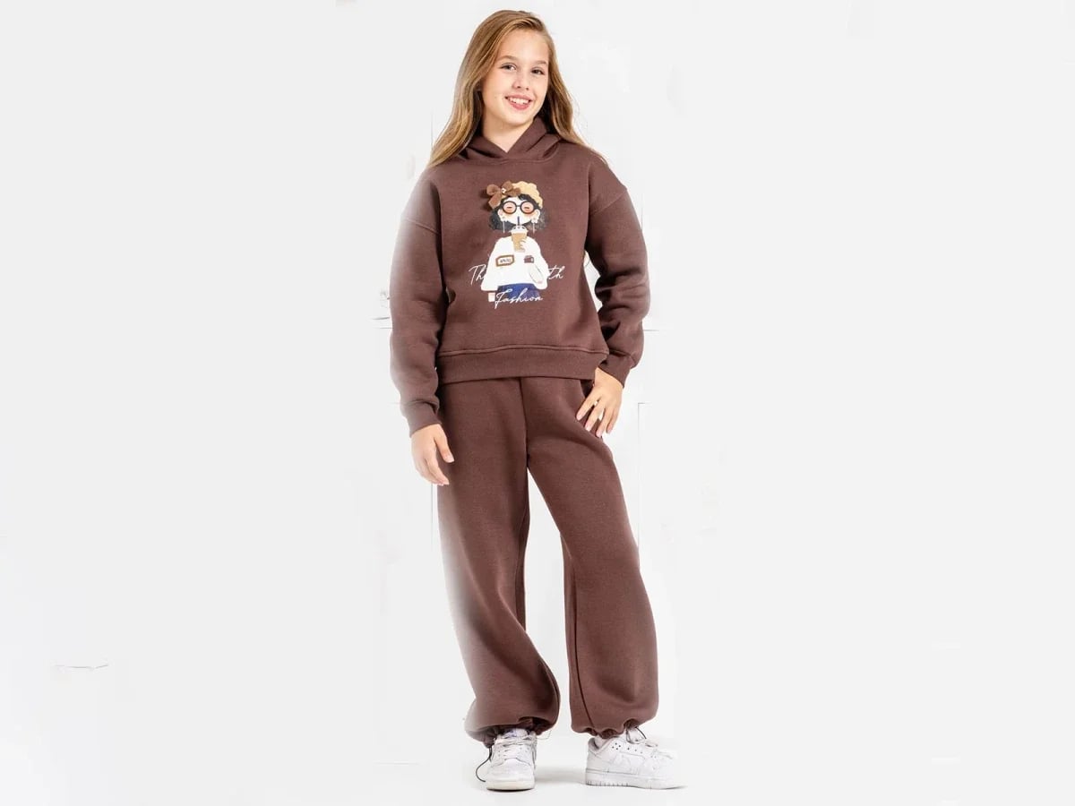 Girls' Printed Hooded Sweatshirt and Trousers Set - Brown - ÖZ Bebe - by Peralane