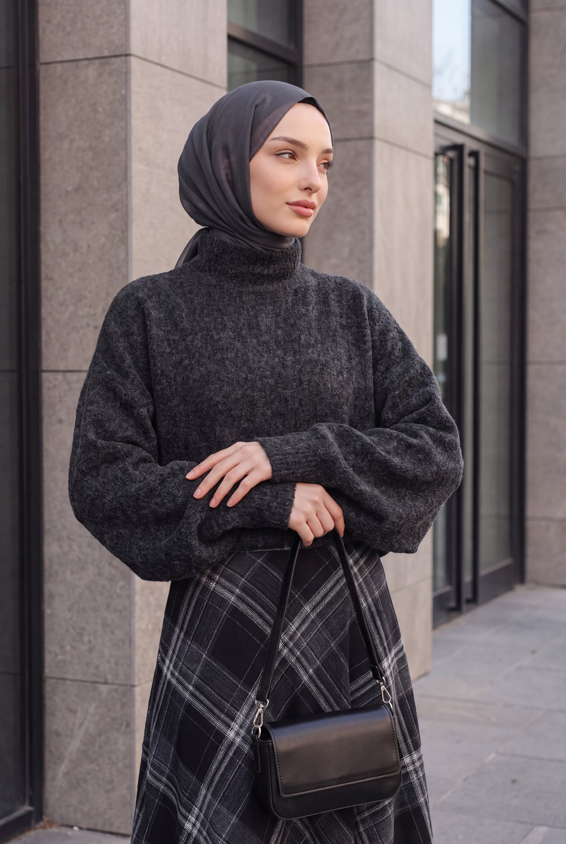 Women's Batwing Sleeve Oversized Knit Sweater with Plaid Midi Skirt Set - Black - Bigdart - by Peralane - photo 5