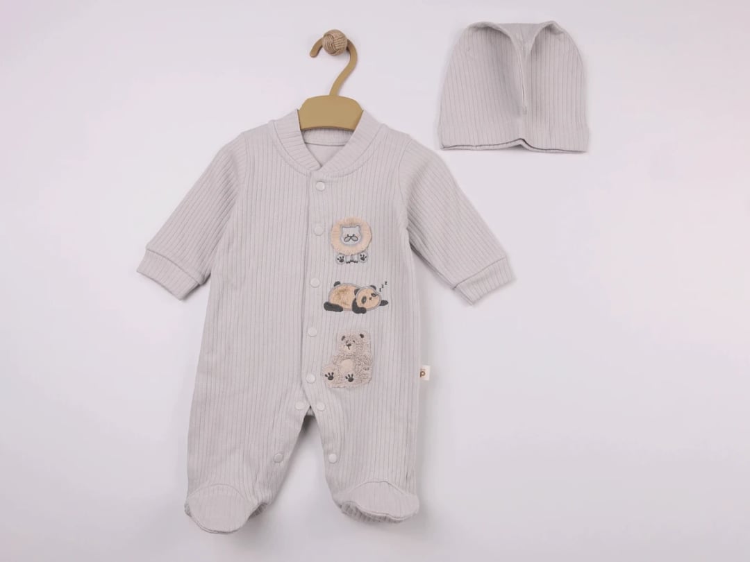 Baby Boy Knitted Romper with Animal Embroidery and Hat - Pookie - by Peralane