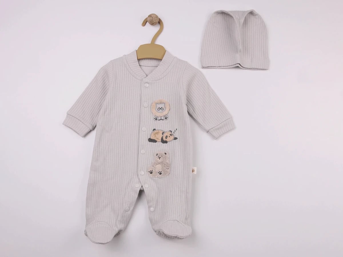 Baby Boy Knitted Romper with Animal Embroidery and Hat - Pookie - by Peralane