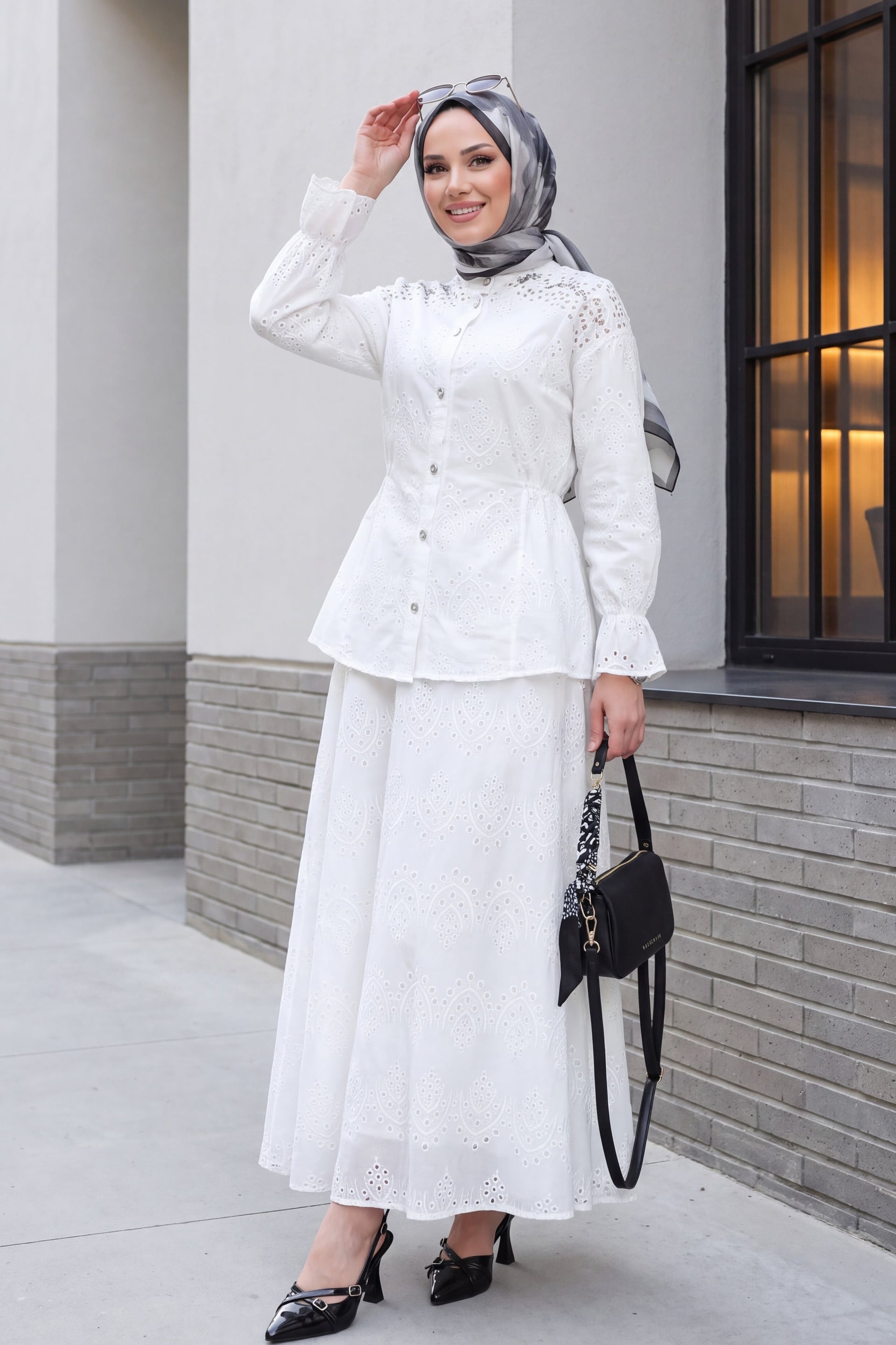 White Eyelet Modest Two-Piece Set with Blouse and Skirt - Podyumplus - by Peralane - photo 4
