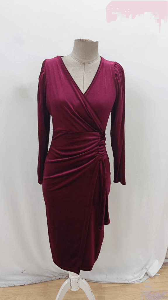 Women's Long Sleeve Wrap V-Neck Ruched Side Midi Velvet Dress - Janes - by Peralane - photo 4