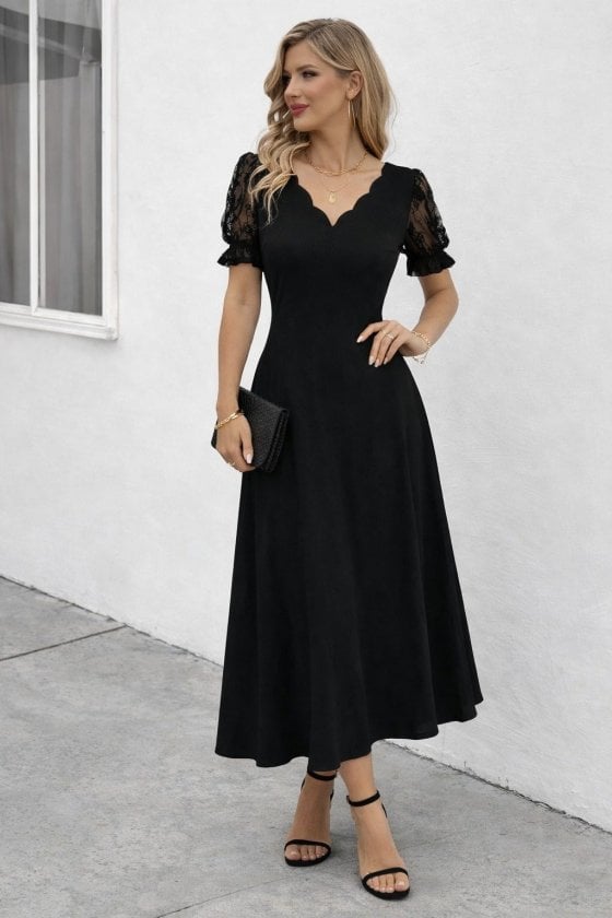 Women's Short-Sleeved V-Neck Long Polka Dot Lace Dress - Janes - by Peralane - photo 2