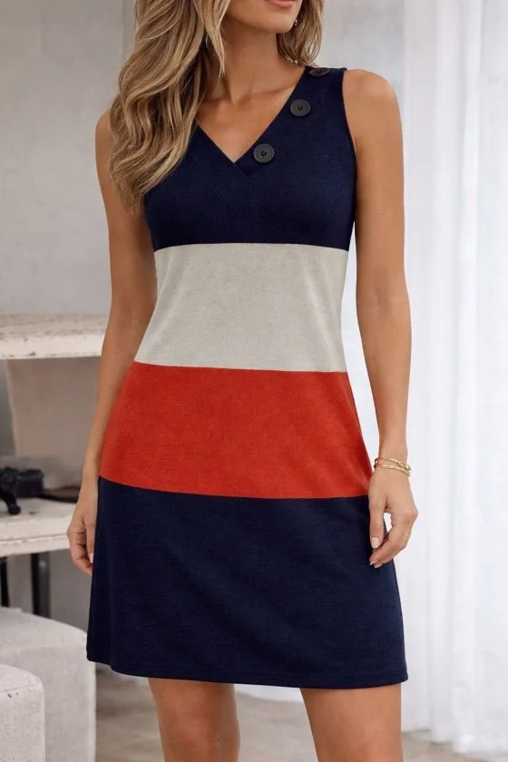 Women's Sleeveless V-Neck Buttoned Color-Block Knit Dress - Janes - by Peralane