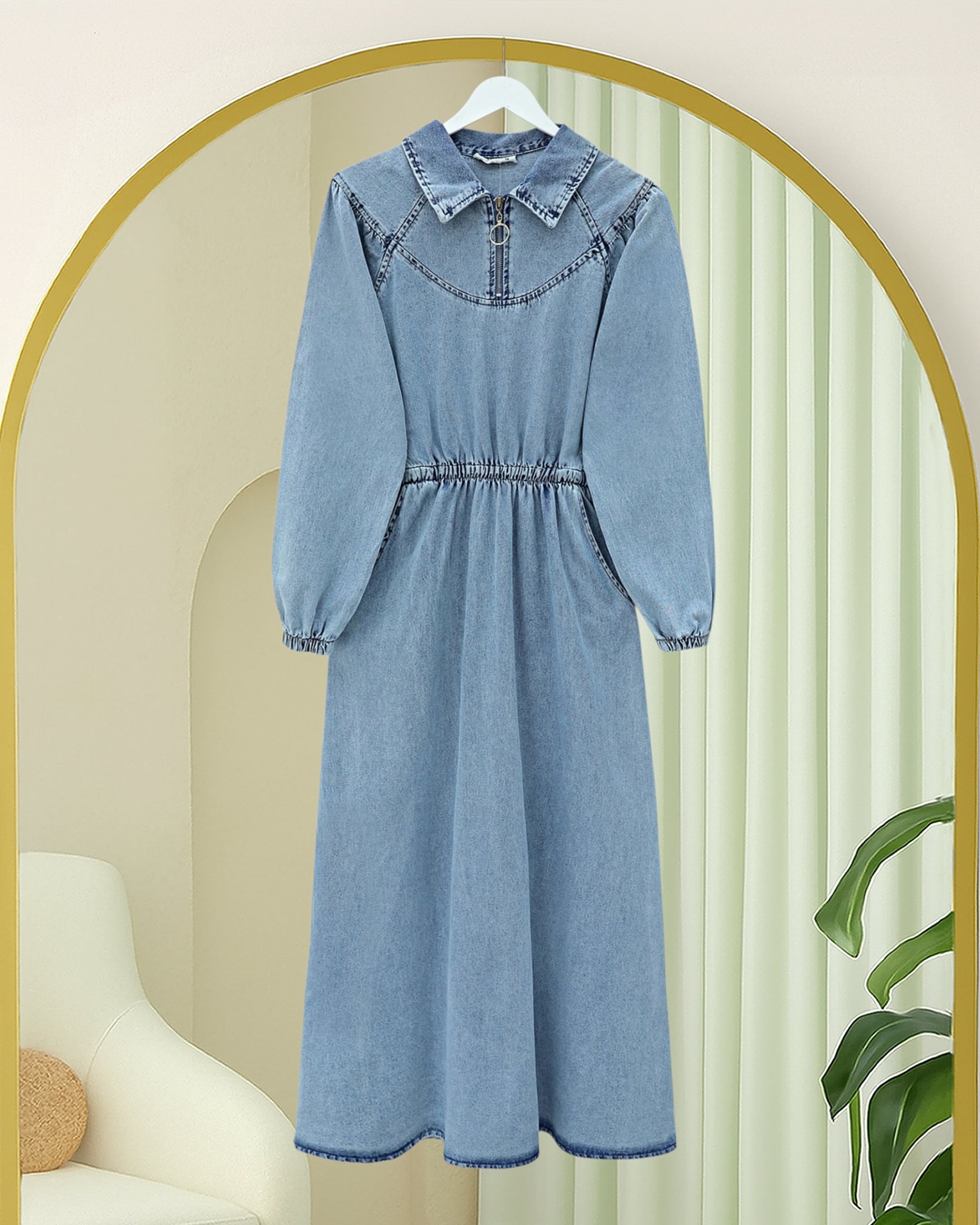 Zip-Collar Elastic Waist Denim Dress with Pockets - Ice Blue - Podyumplus - by Peralane - photo 4