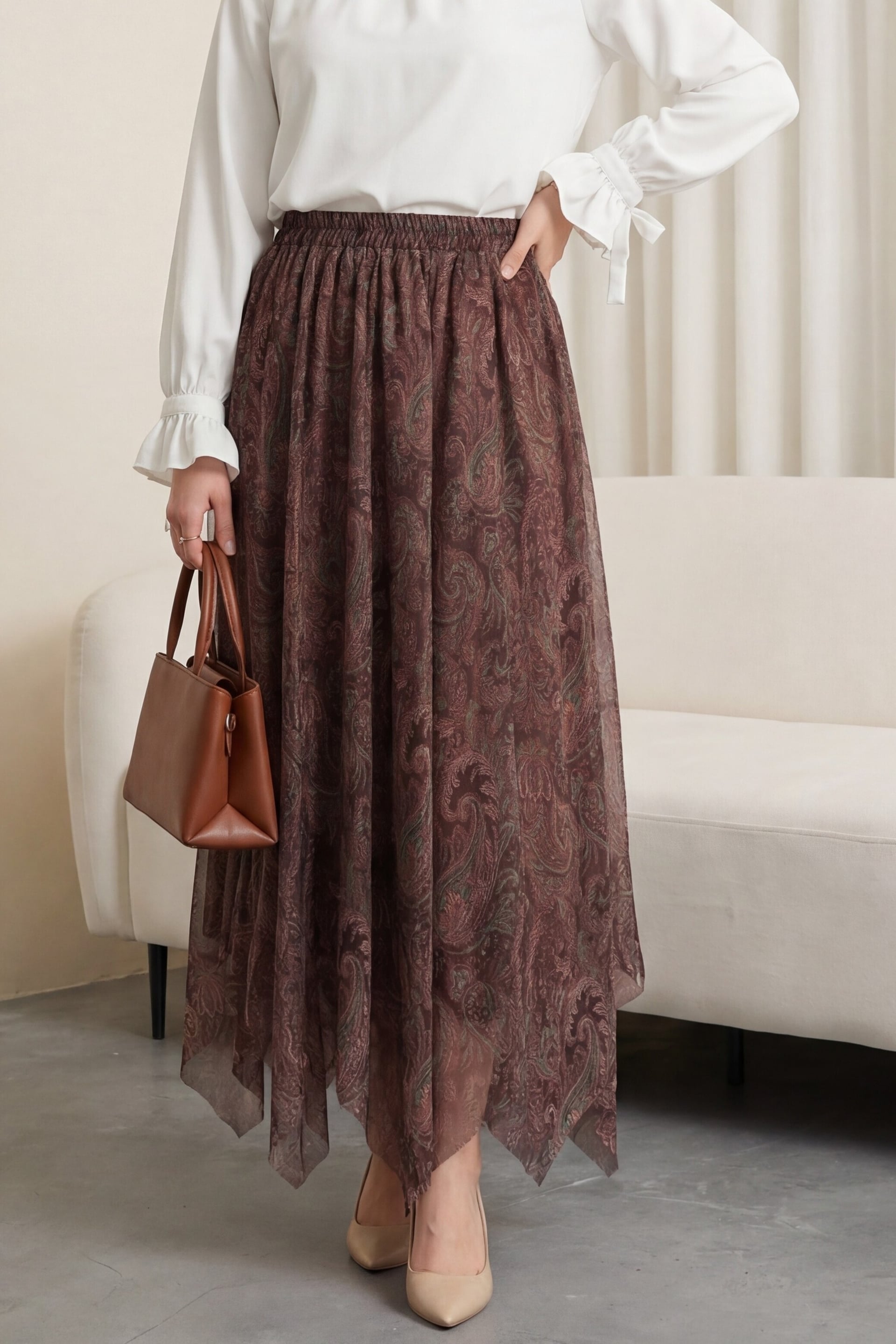 Elastic Waist Patterned Lined Chiffon Skirt - Brown - Podyumplus - by Peralane - photo 4