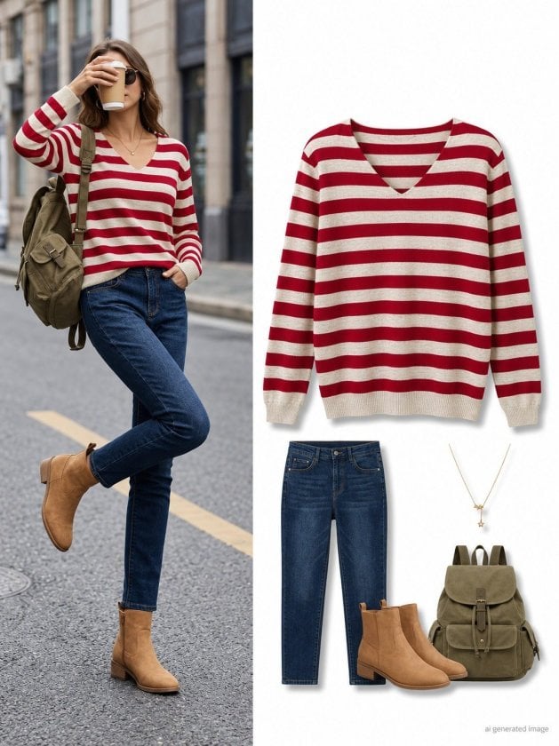 Women's Long Sleeve V-Neck Striped Knit Sweater - Janes - by Peralane - photo 2