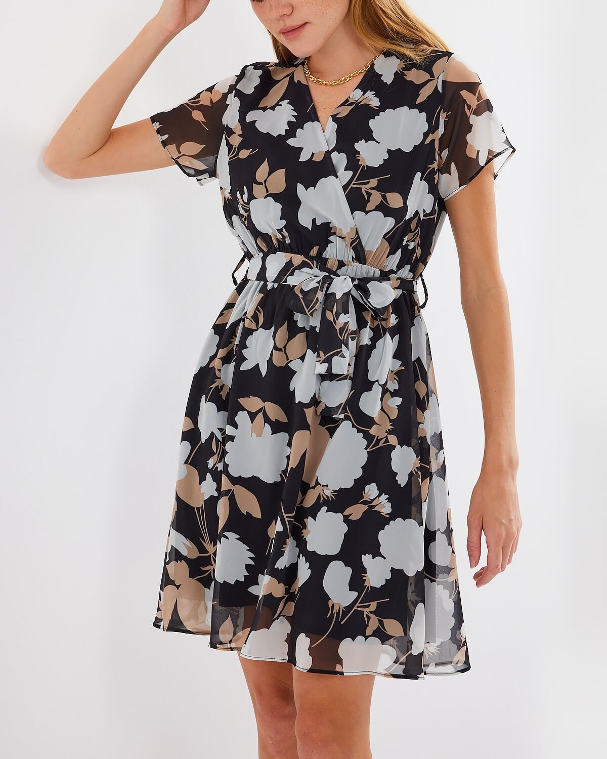 Black Floral V-Neck Short Sleeve Chiffon Dress - Wholeskop - by Peralane