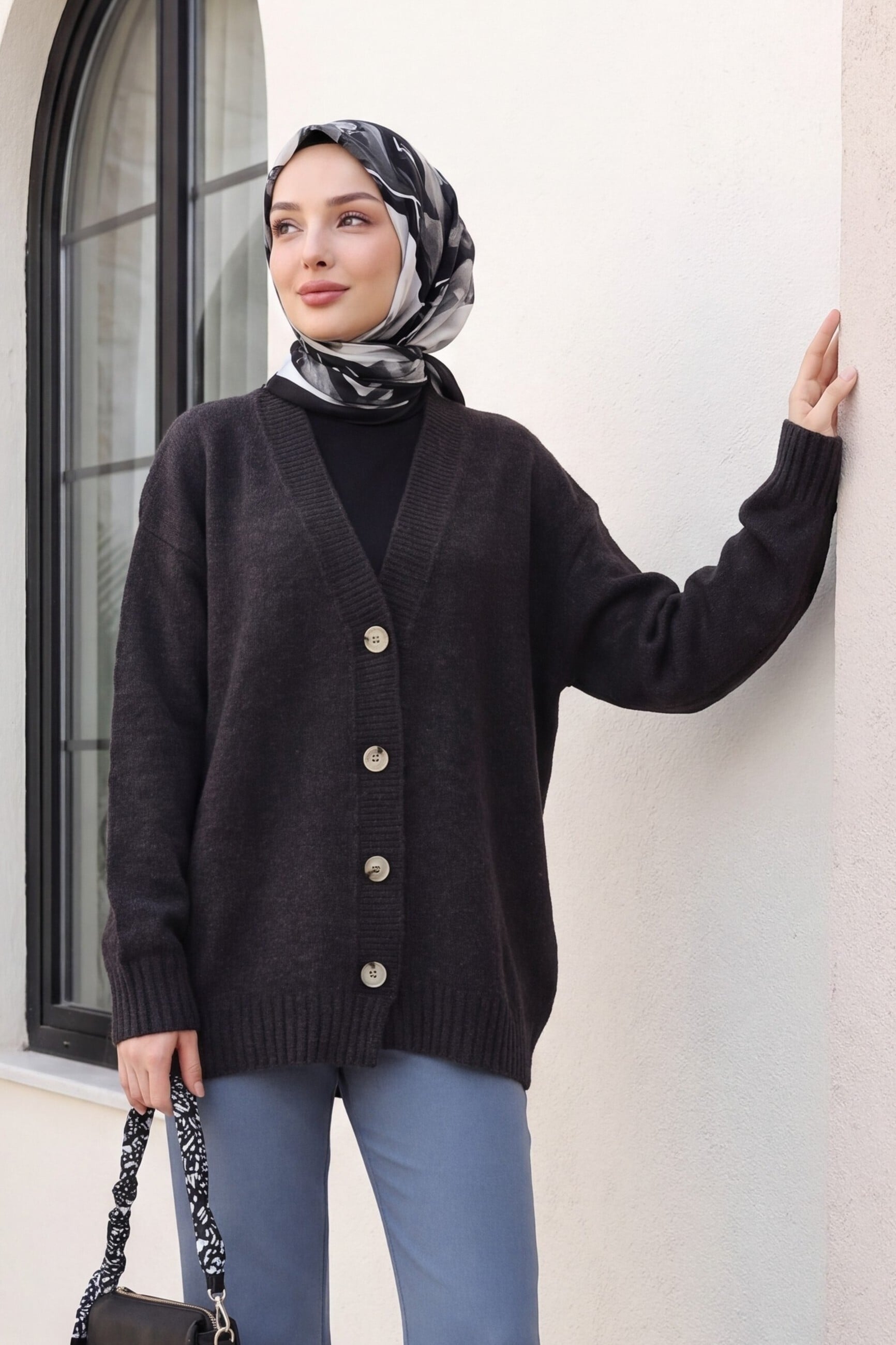 V-Neck Button-Front Loose Knit Cardigan - Anthracite - Podyumplus - by Peralane