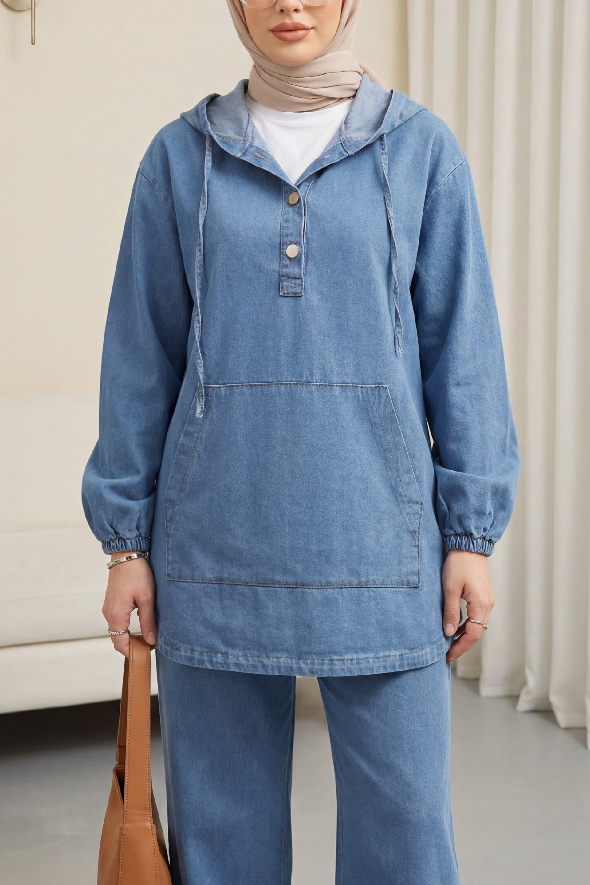 Hooded Half-Button Kangaroo Pocket Denim Co-ord Set - Blue - Podyumplus - by Peralane - photo 2
