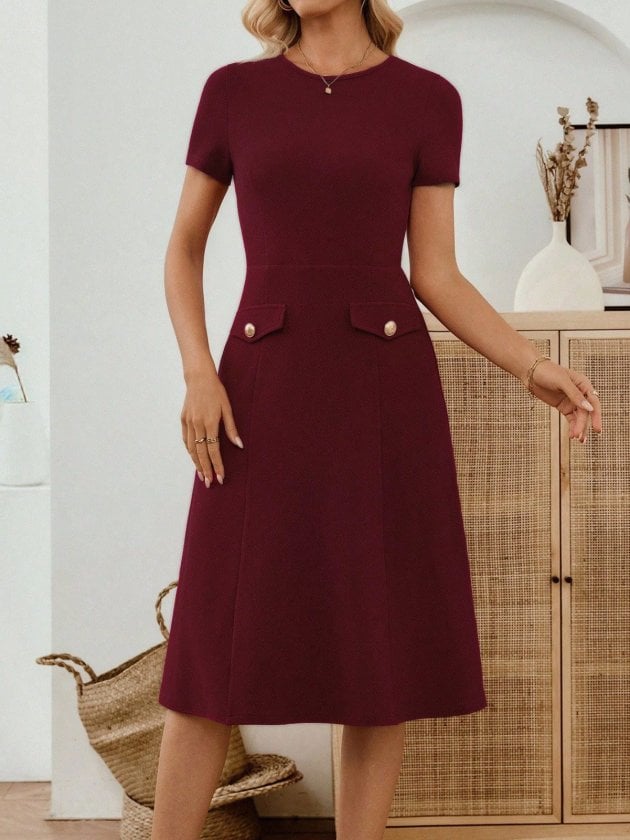 Women's Burgundy Short-Sleeve Midi Dress with Boat Neck and Pocket Detail - Janes - by Peralane - photo 10