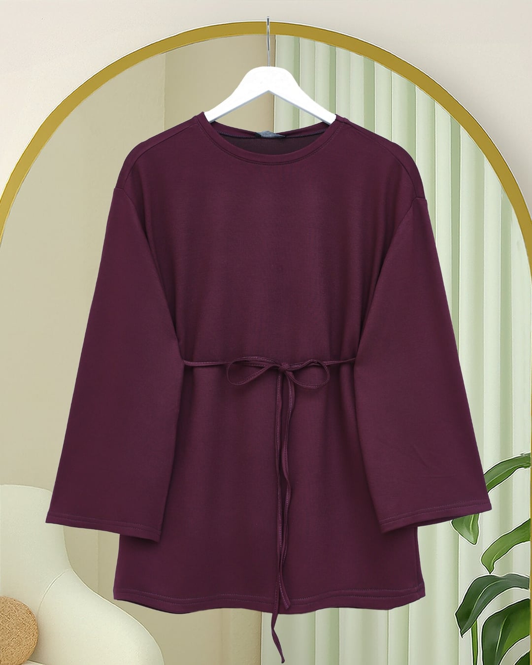 Plum Round Neck Self-Tie Waist Tunic - Podyumplus - by Peralane - photo 9
