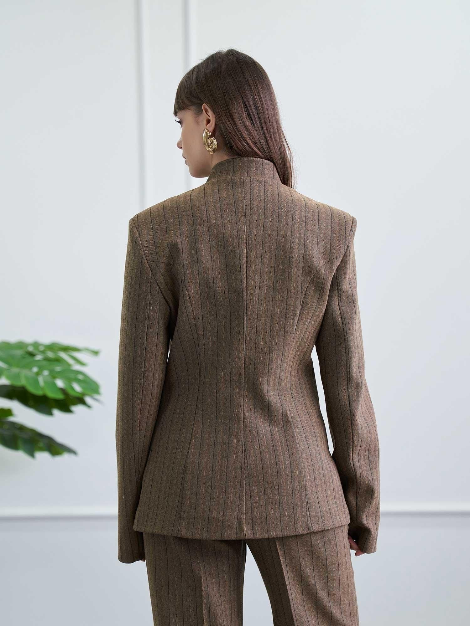 Brown Mandarin Collar Jacket and Wide-Leg Trousers Co-ord Set - Lefon - by Peralane - photo 3