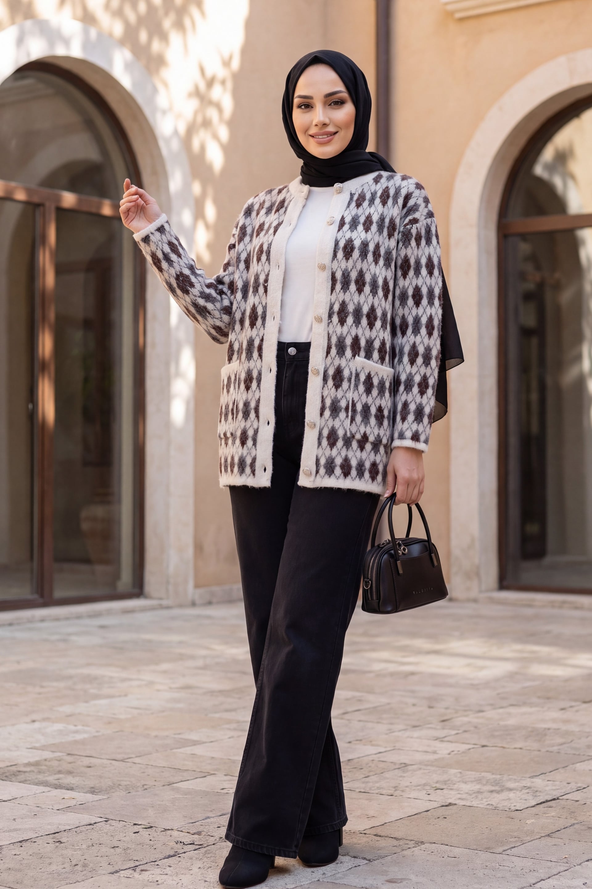 Cuffed Pocket Patterned Buttoned Soft Knit Cardigan - Stone Color - Podyumplus - by Peralane - photo 3