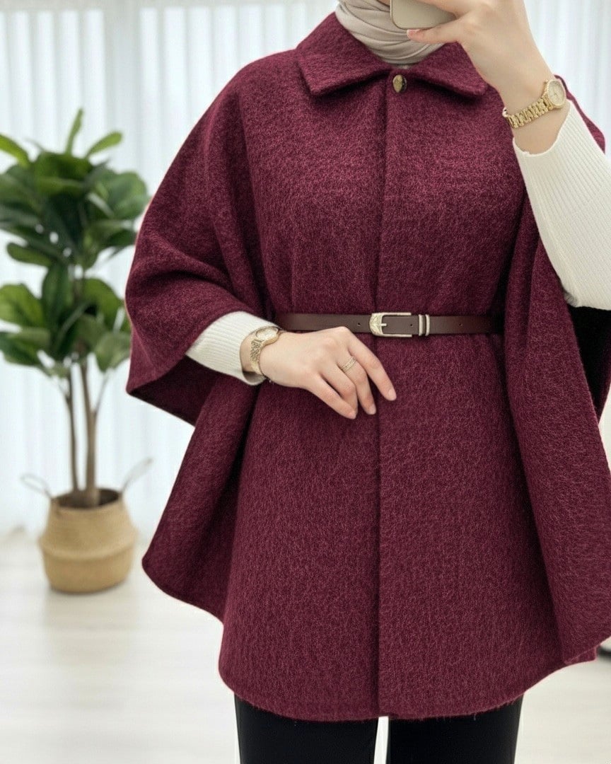 Single Button Belted Fringed Cape - Bordeaux - Podyumplus - by Peralane - photo 3
