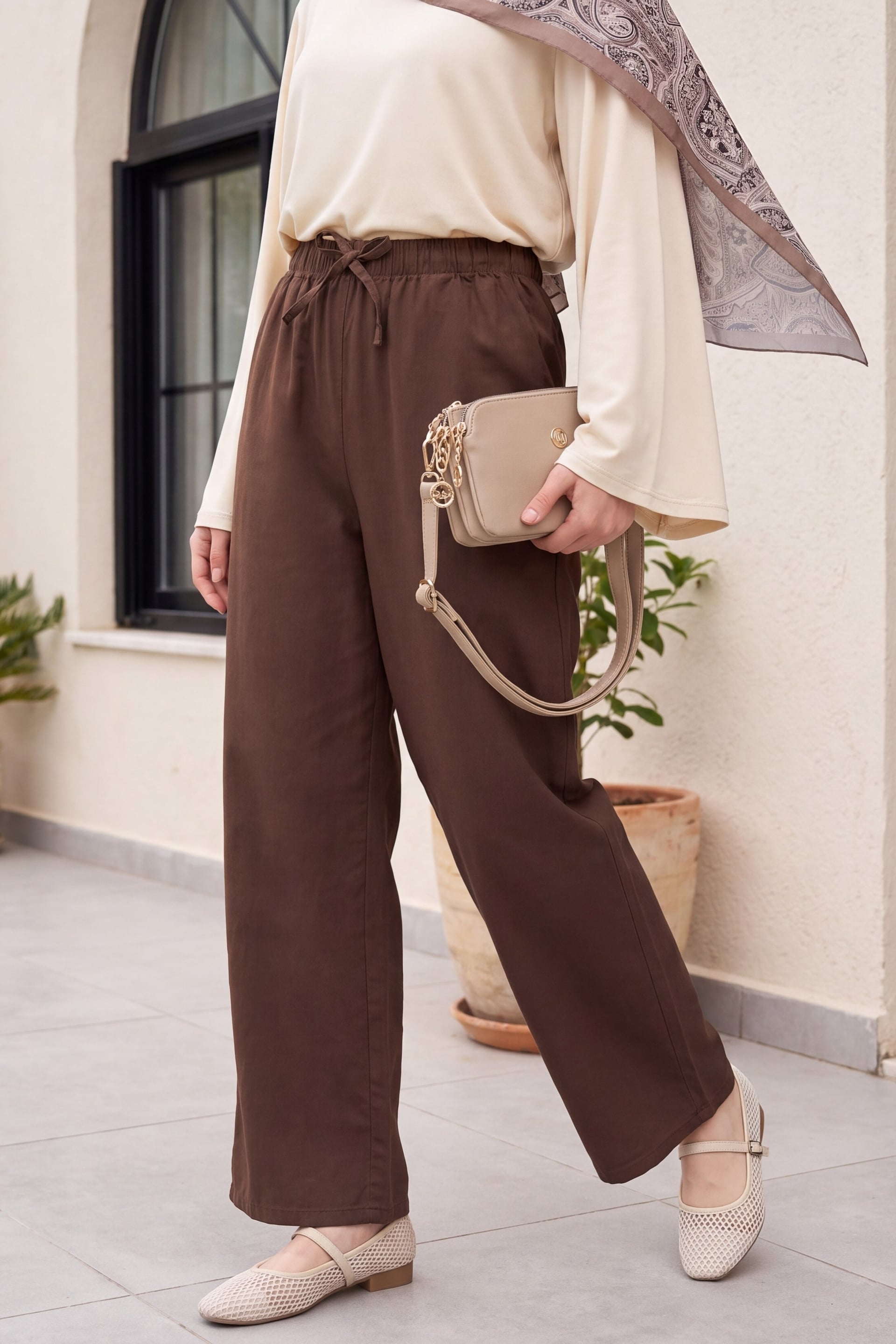 Brown Drawstring Wide-Leg Elastic Waist Trousers - Podyumplus - by Peralane - photo 2