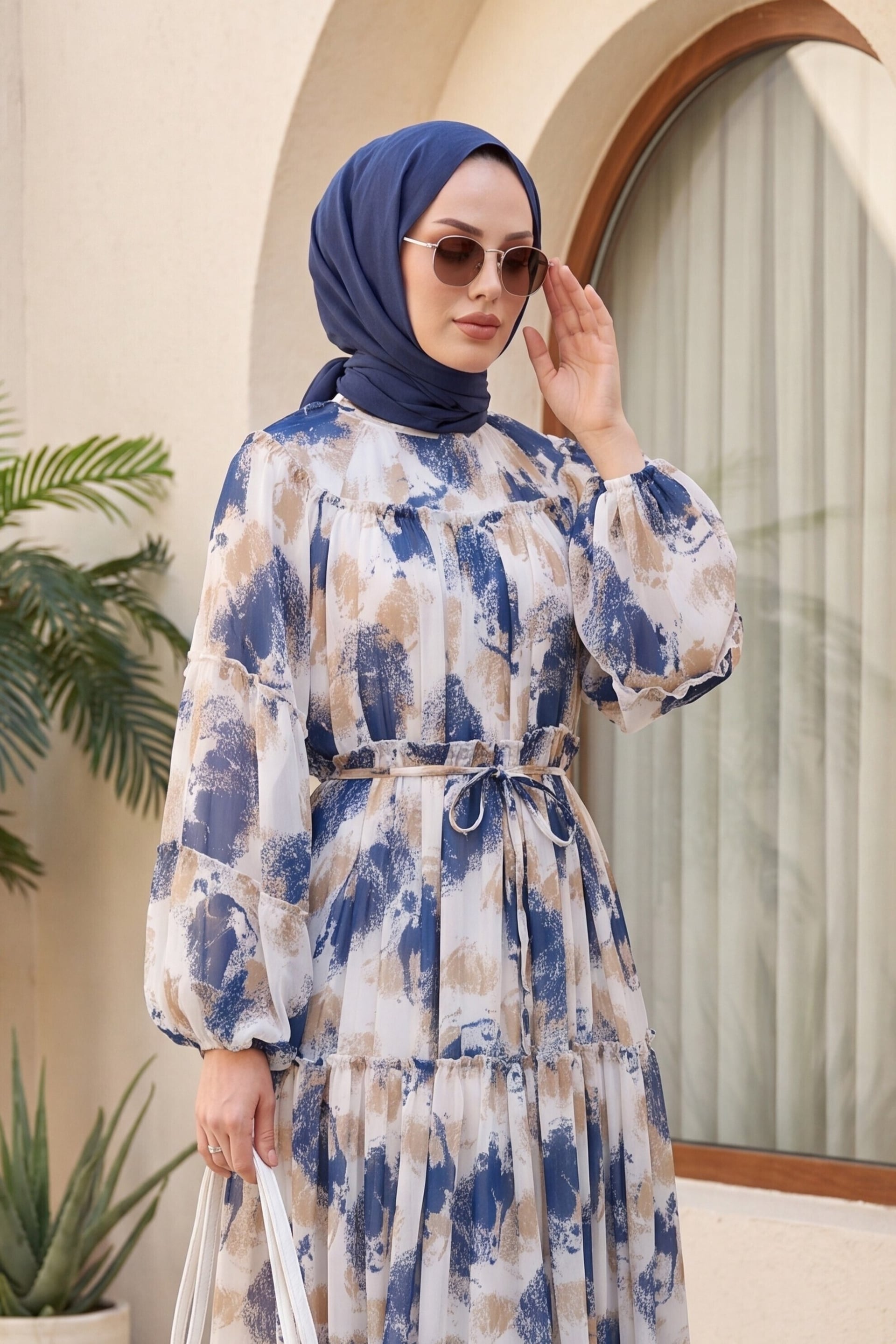 Patterned Lace-Up Lined Paneled Chiffon Dress - Indigo - Podyumplus - by Peralane - photo 4