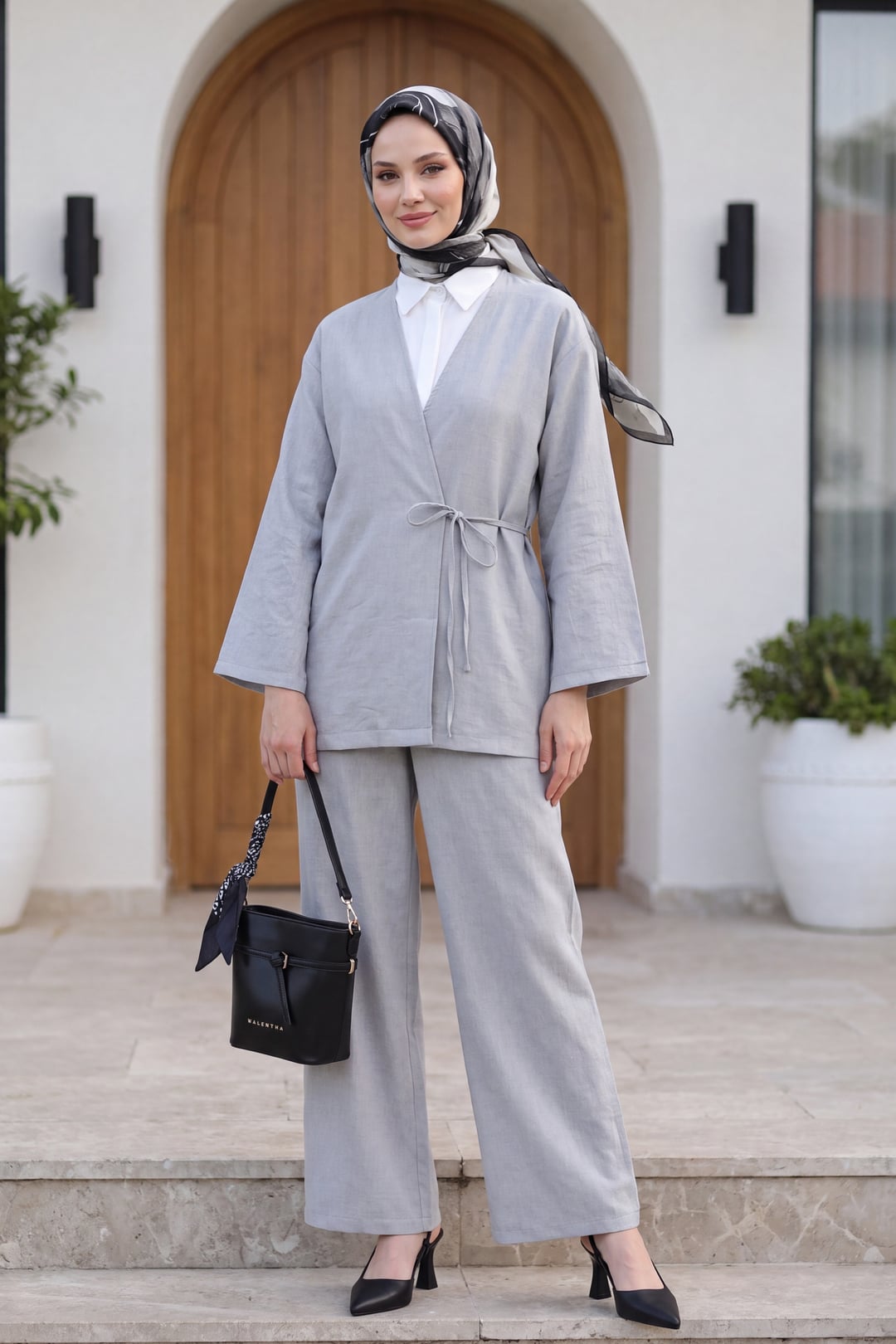 Light Grey Tie-Front Kimono and Wide-Leg Trouser Set - Podyumplus - by Peralane - photo 2