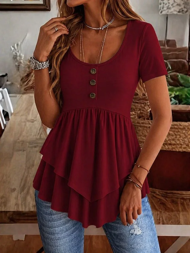 Women's Burgundy Short-Sleeve Round-Neck Viscose Tunic with Asymmetric Detail - Janes - by Peralane - photo 2