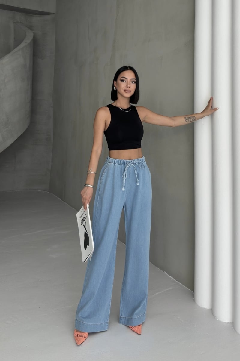 Women's Relaxed Fit Wide Leg Drawstring Palazzo Trousers - Medium Blue - Xlove - by Peralane - photo 3