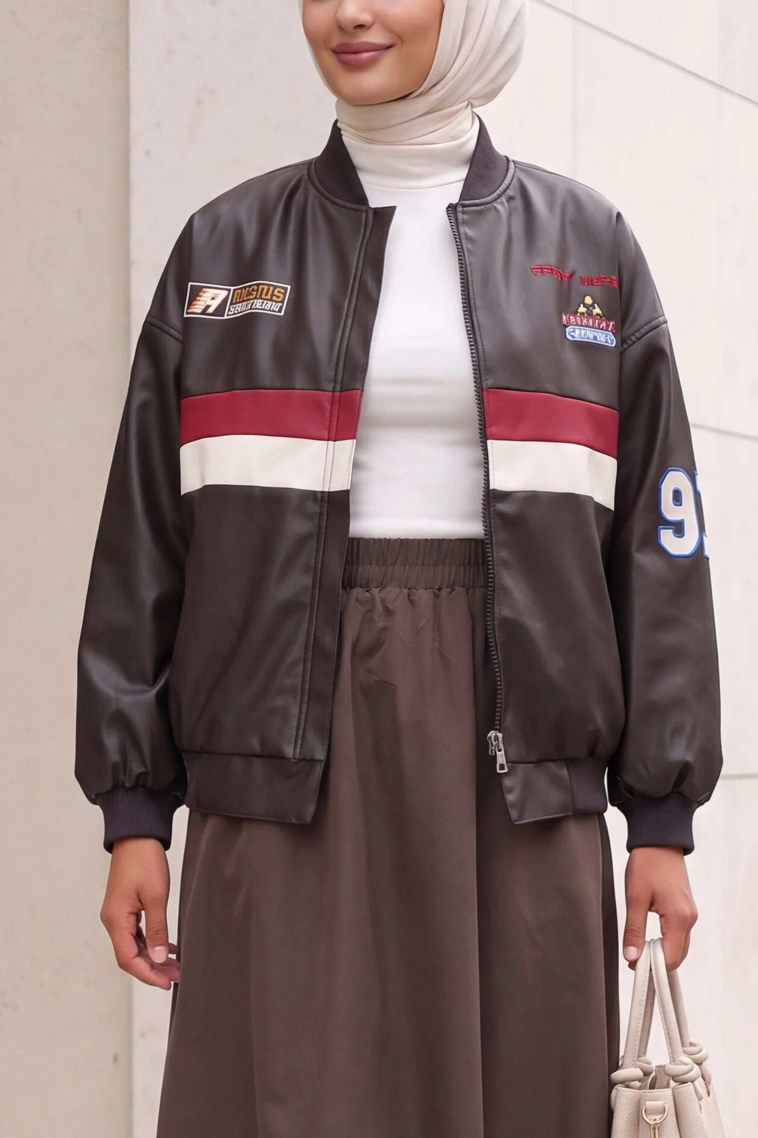 Printed Faux Leather Bomber Jacket - Brown - Bigdart - by Peralane