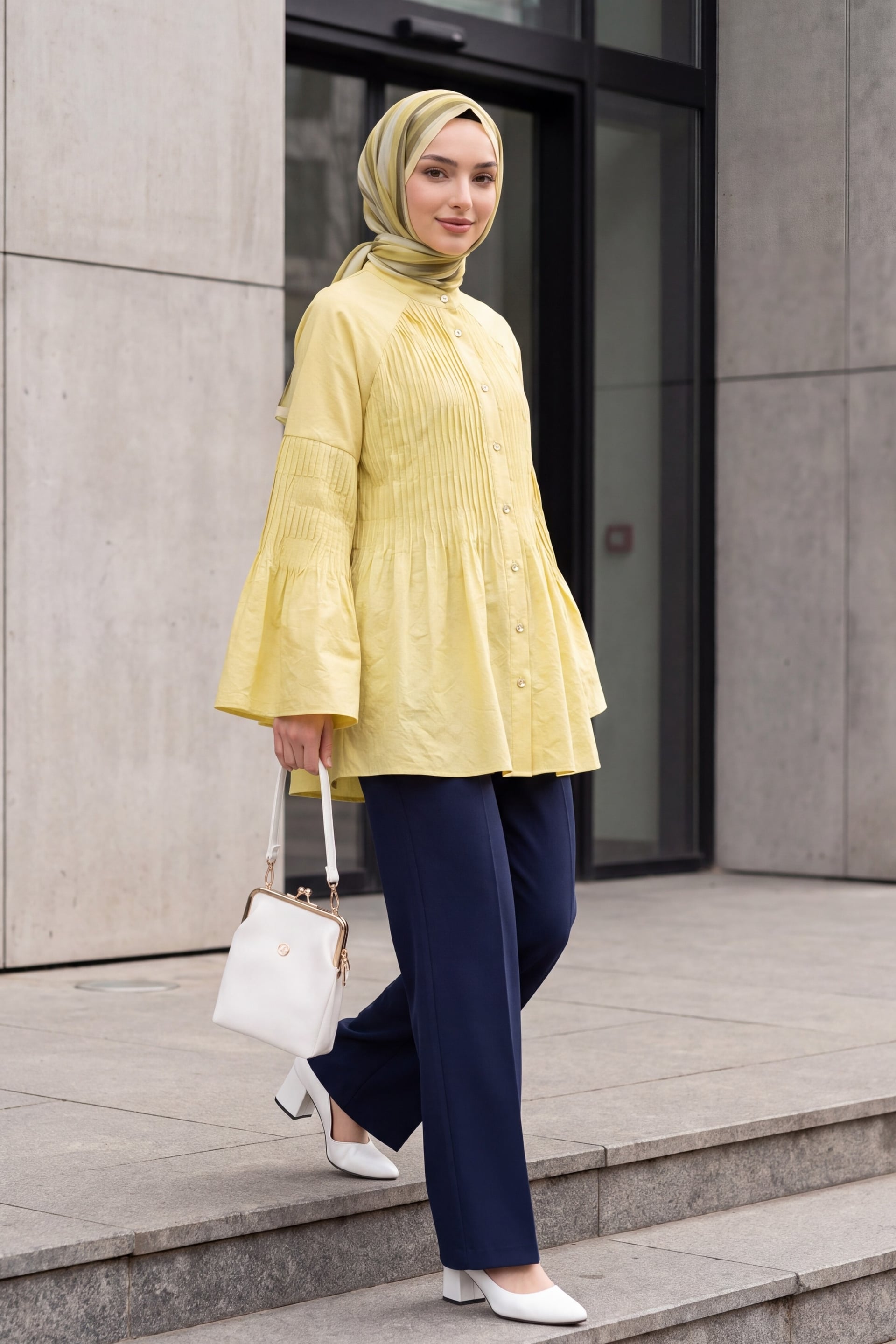 Spanish Sleeve Stone Button Belted Cupro Tunic - Yellow - Podyumplus - by Peralane - photo 4
