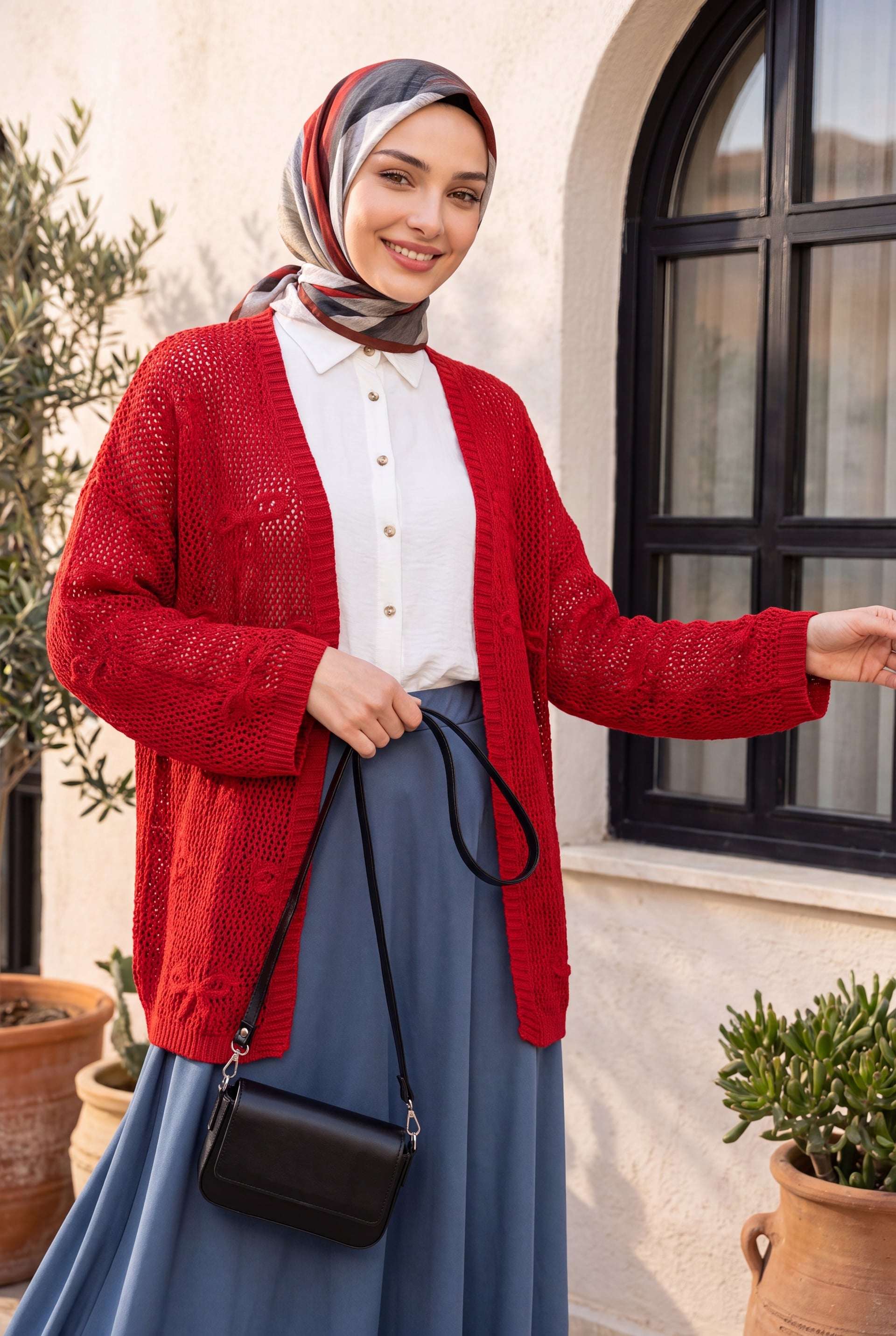 Red Bow Pattern Open-Knit Cardigan - Podyumplus - by Peralane