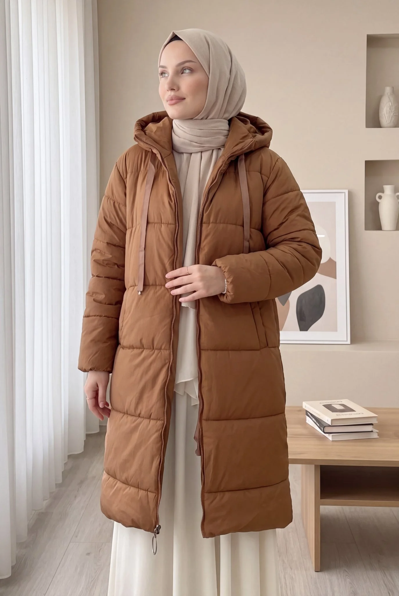 Women's Hooded Quilted Puffer Jacket with Drawstring - Brown - Podyumplus - by Peralane - photo 9