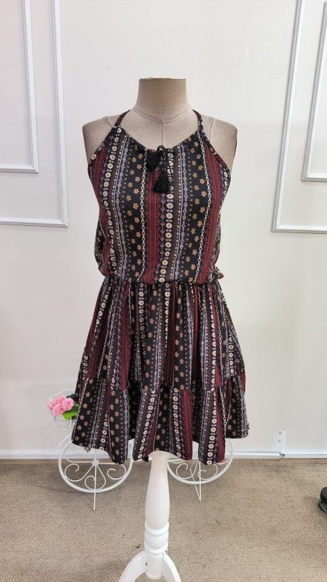 Women's Sleeveless Halter Neck Tie Waist Tiered Mini Dress with Floral Print - Janes - by Peralane - photo 4