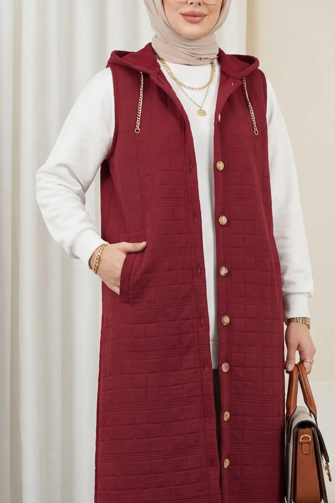 Quilted Hooded Vest with Button Front and Chain Detail - Burgundy - Podyumplus - by Peralane - photo 2
