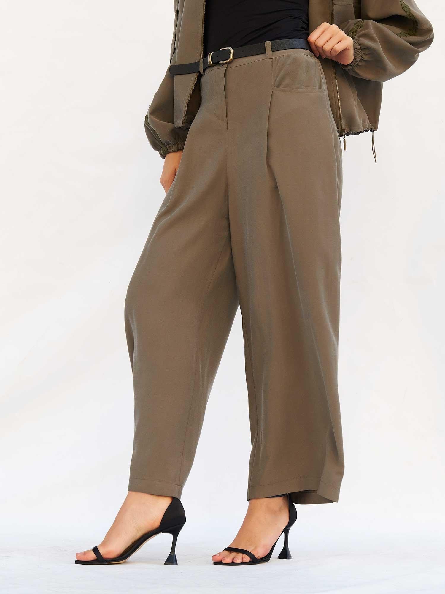 Olive Green Palazzo Trousers with Horizontal Pocket Detail - Lefon - by Peralane - photo 7