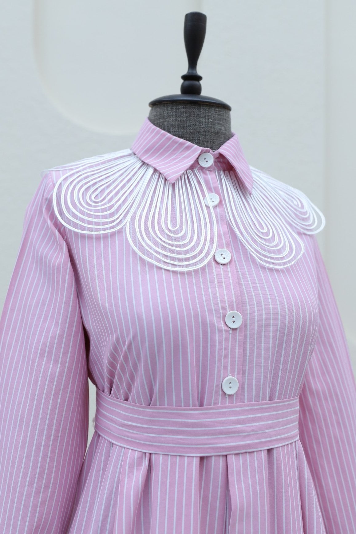 Striped Organza Shirt Collar Dress with Belt - Pink - Podyumplus - by Peralane