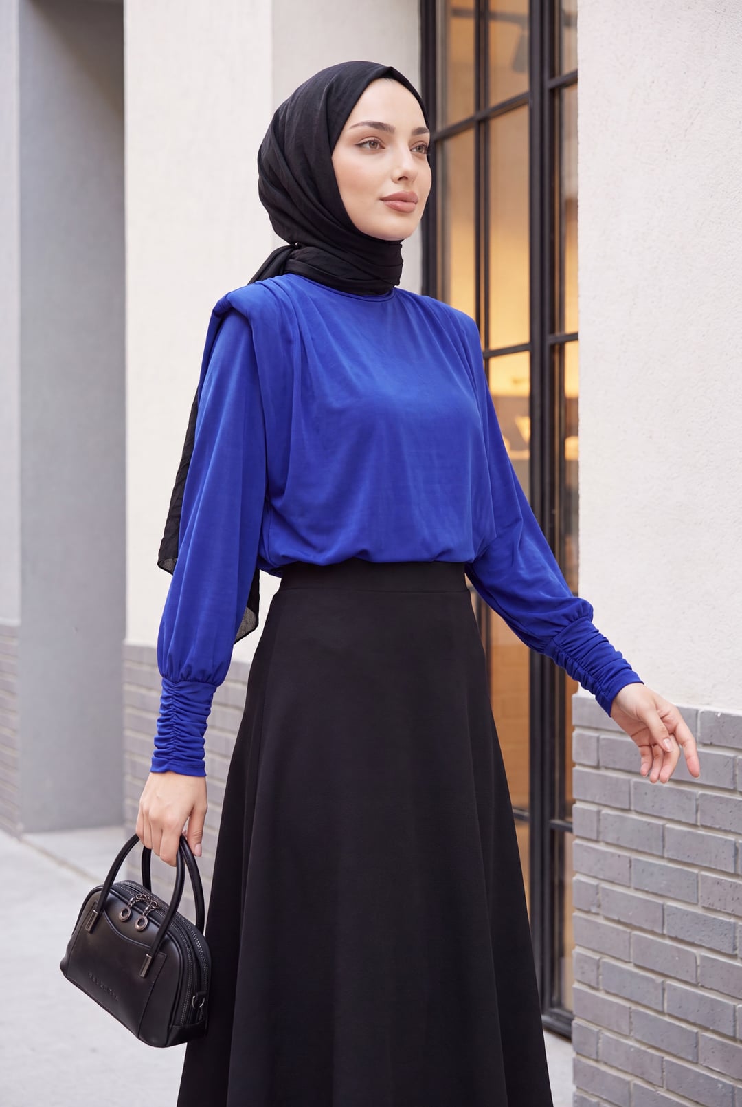 Padded Shoulder Long-Sleeve Blouse - Saks Blue - Podyumplus - by Peralane