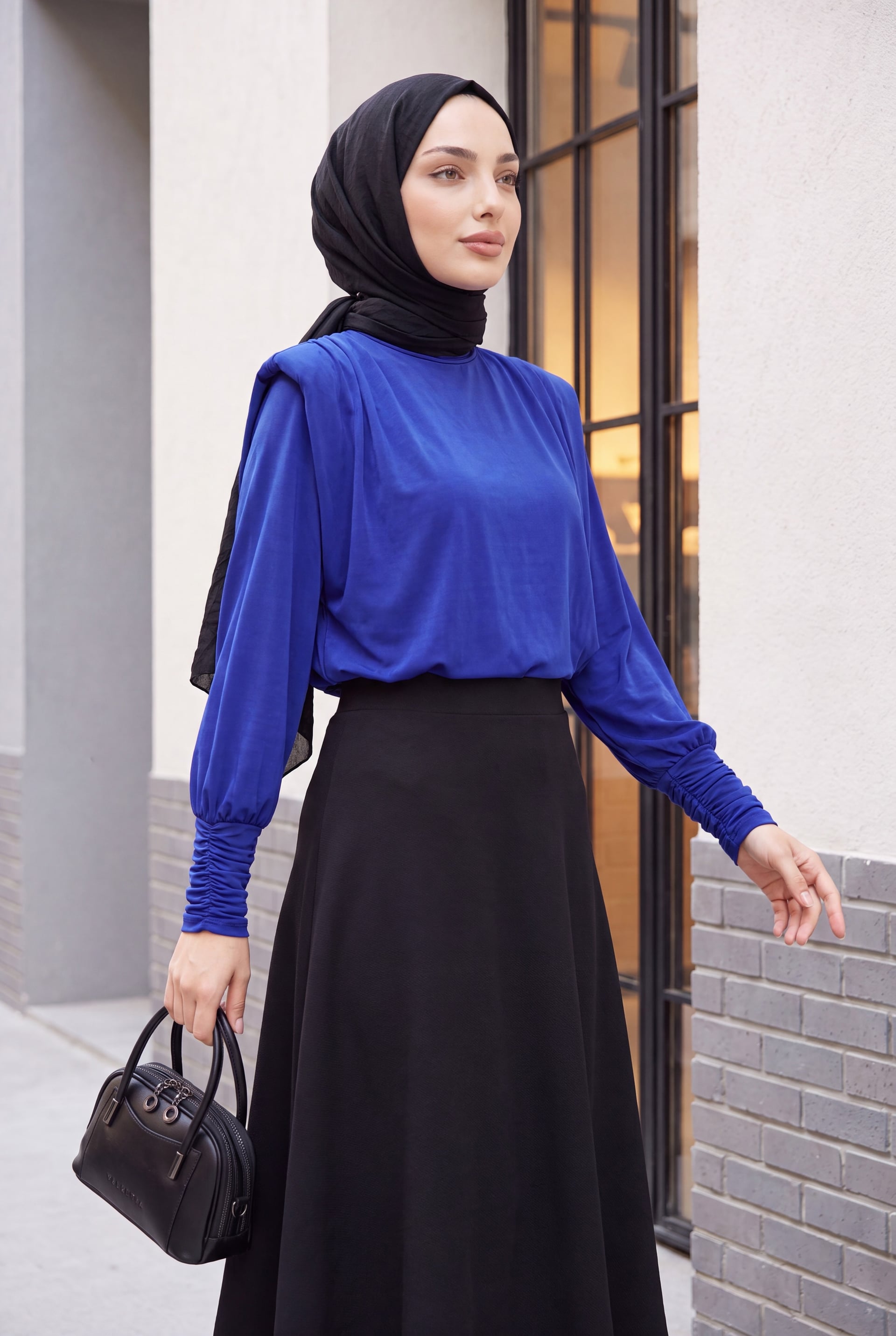 Padded Shoulder Long-Sleeve Blouse - Saks Blue - Podyumplus - by Peralane