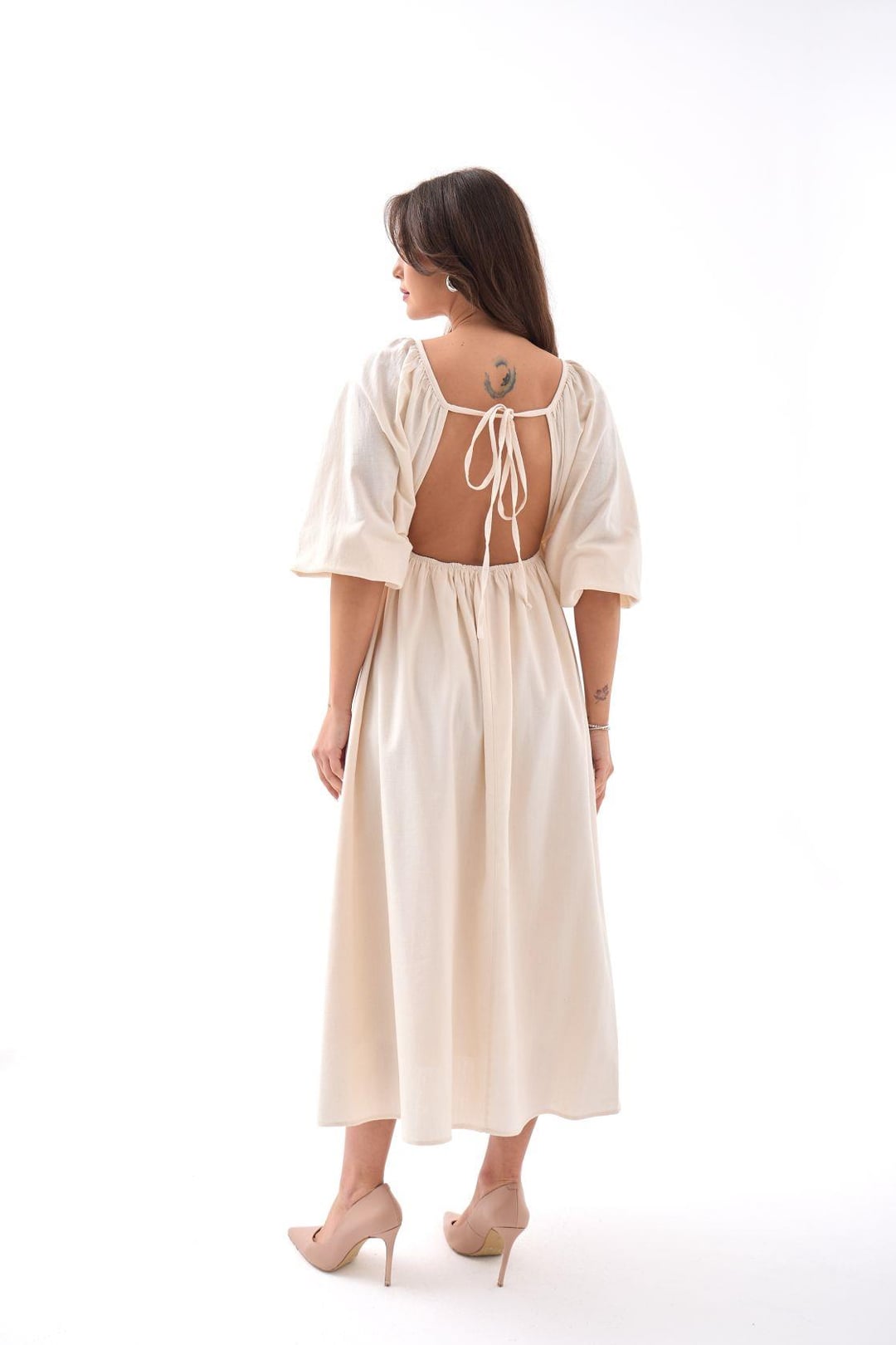 Cream V-Neck Puff Sleeve Midi Dress in Cotton Viscose - Fame - by Peralane - photo 4
