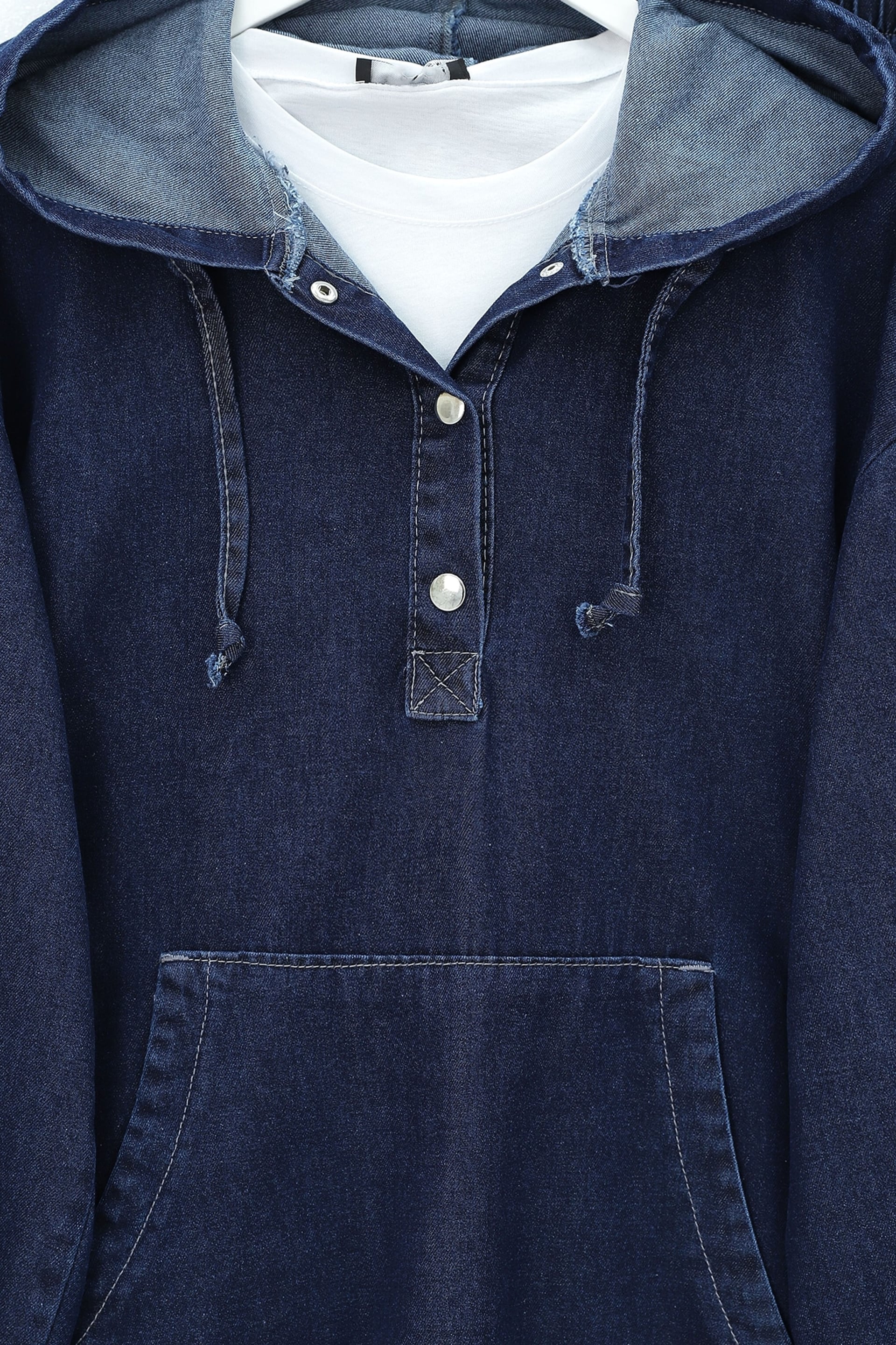 Hooded Snap-Front Denim Tracksuit with Kangaroo Pocket - Navy - Podyumplus - by Peralane - photo 5