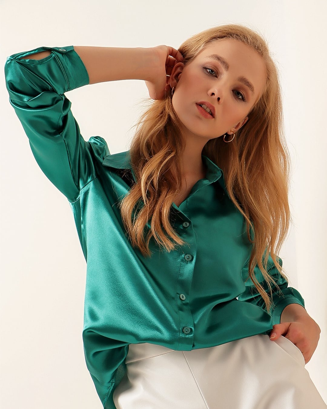 Emerald Green Long-Sleeved Satin Shirt - Bigdart - by Peralane - photo 6