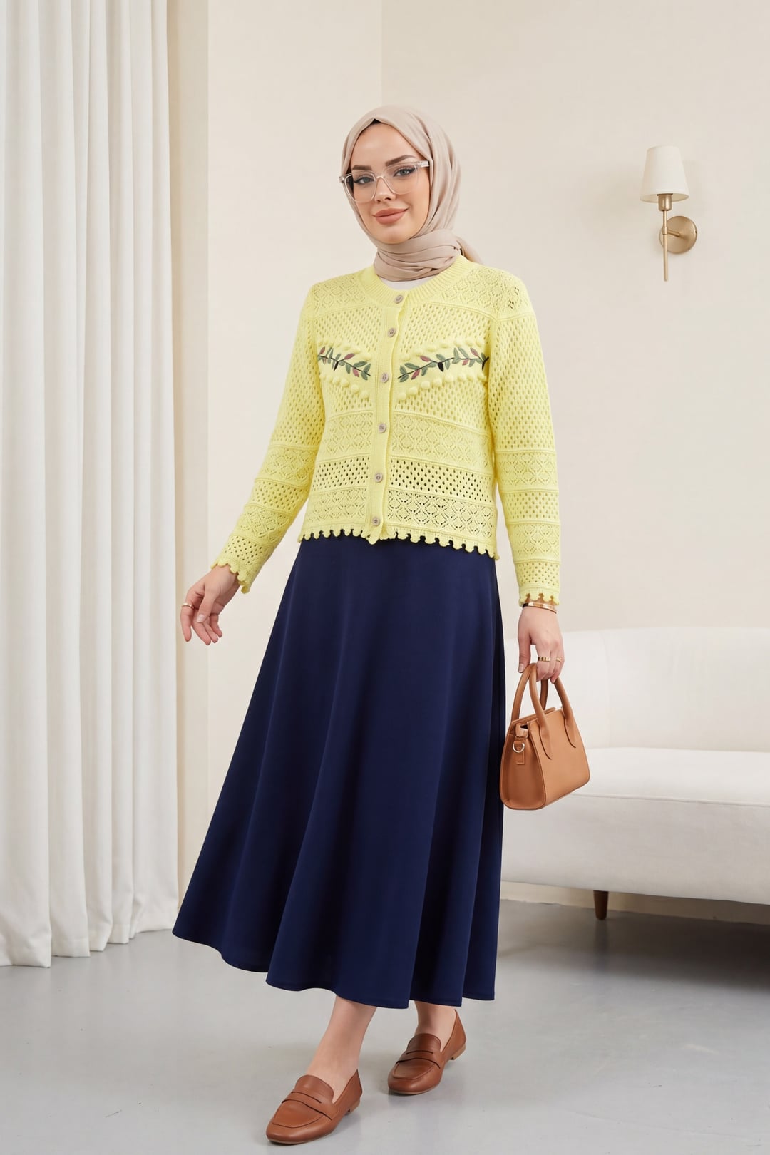 Women's Embroidered Openwork Knit Cardigan - Yellow - Podyumplus - by Peralane - photo 2