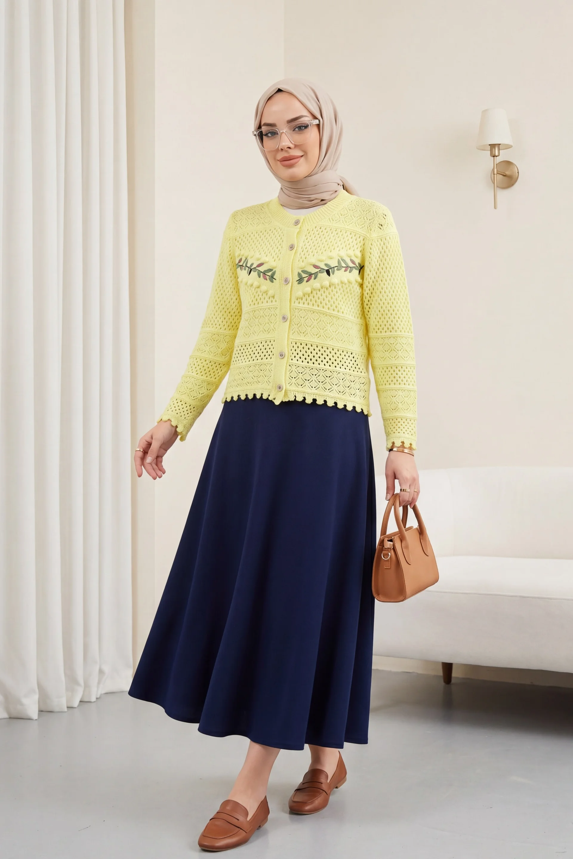 Women's Embroidered Openwork Knit Cardigan - Yellow - Podyumplus - by Peralane - photo 2