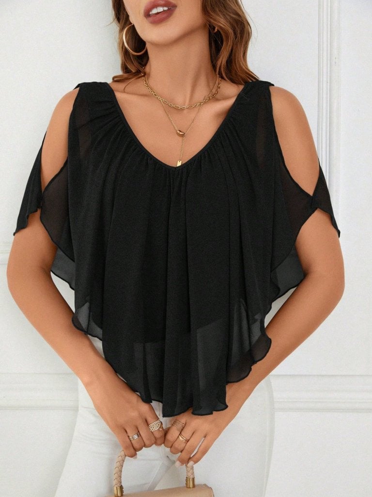 Women's Sheer Short Sleeve V-Neck Cold-Shoulder Ruffled Blouse in Black - Janes - by Peralane - photo 8