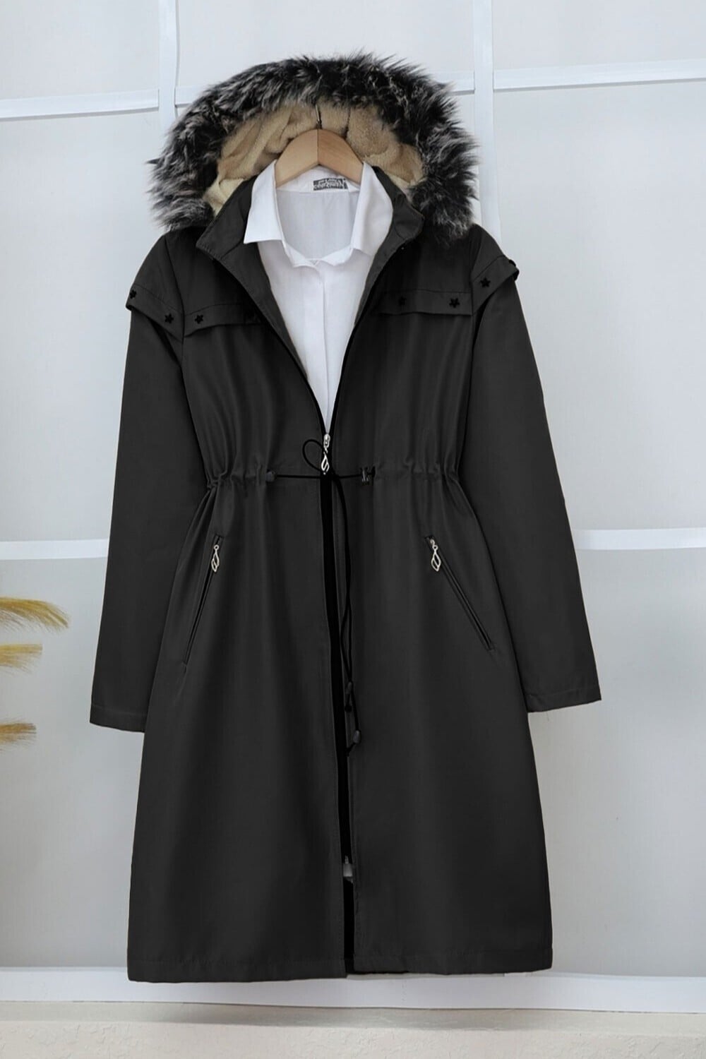 Black Hooded Drawstring Waist Coat with Faux Fur Trim - Podyumplus - by Peralane - photo 4