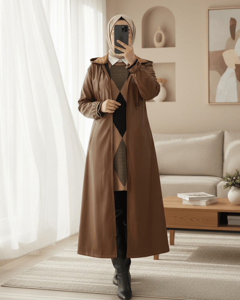 Hooded Zip-Front Faux-Leather Longline Jacket in Tan - Podyumplus - by Peralane - photo 2