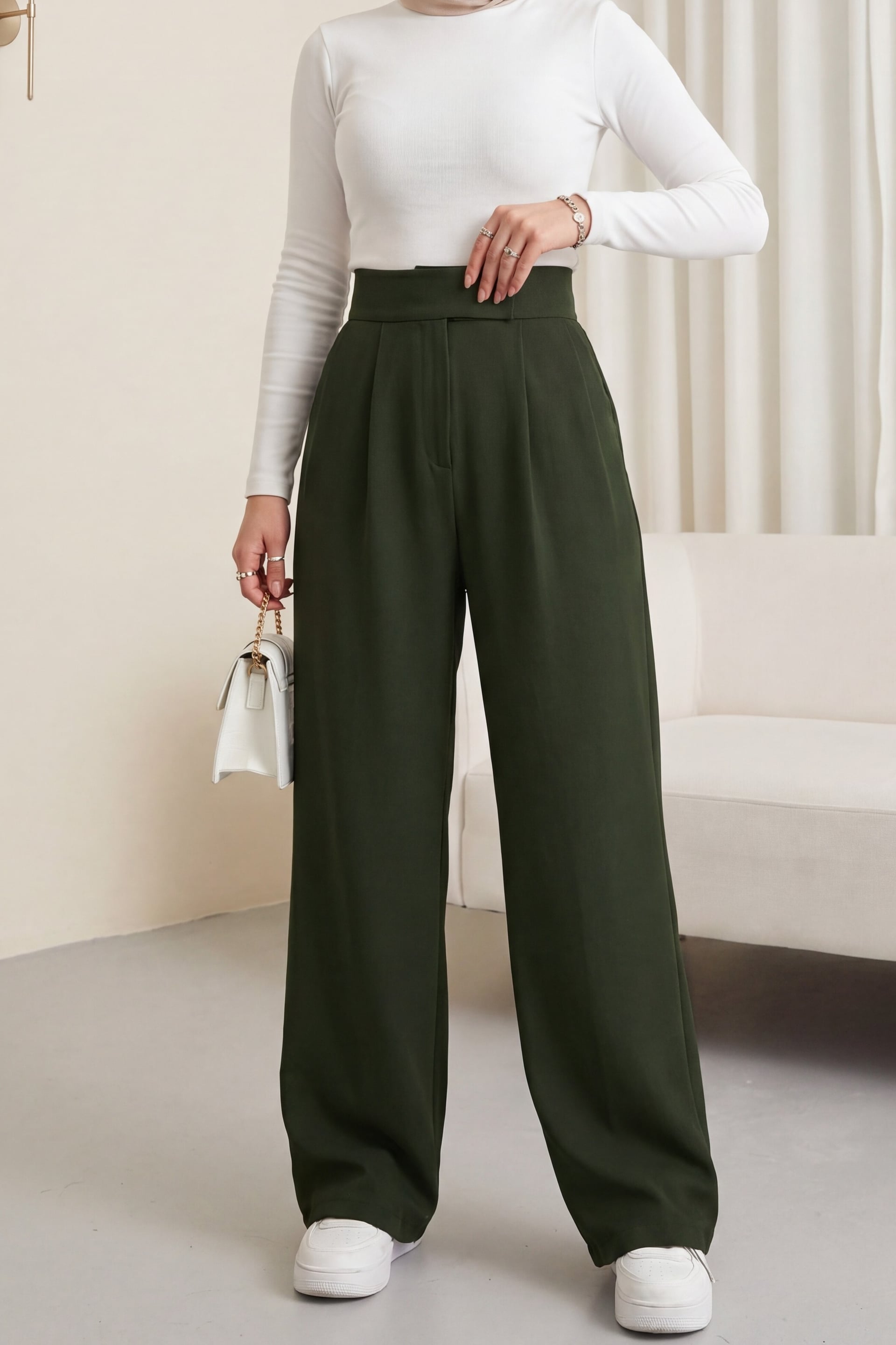 Women's High-Waist Wide-Leg Trousers with Velcro Waistband - Olive Green - Podyumplus - by Peralane - photo 4