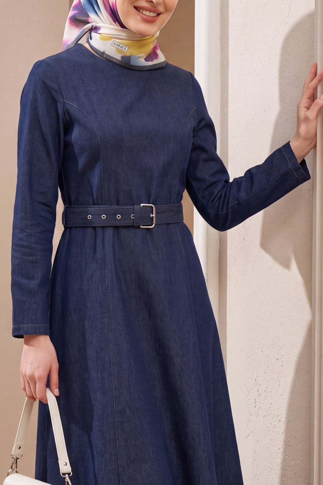 Flared Skirt Zip Belted Denim Dress - Dark Navy - Podyumplus - by Peralane - photo 3