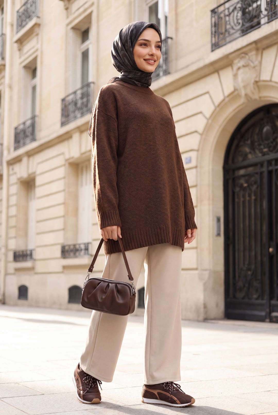 Ribbed Hem Slouchy Knit Tunic - Brown - Podyumplus - by Peralane - photo 3