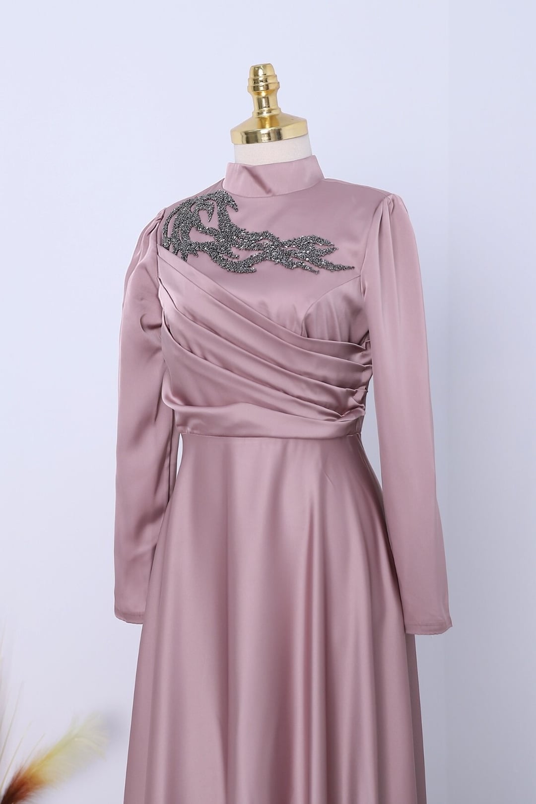 Beaded High Neck Draped Satin Evening Dress - Dusty Rose - Podyumplus - by Peralane