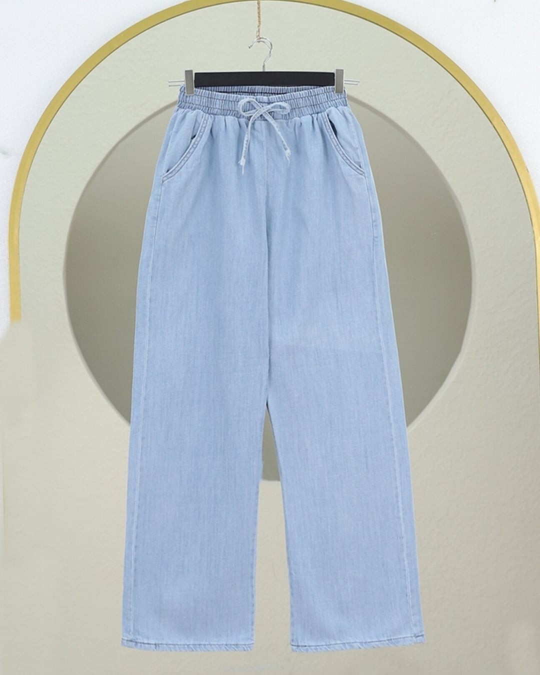 Light Blue Elasticated Wide Leg Denim Trousers with Pockets - Podyumplus - by Peralane - photo 5