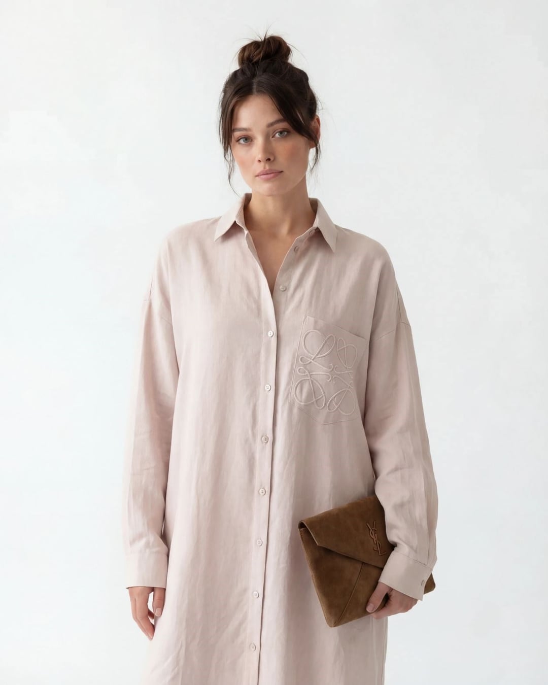 Long-Sleeved Collared Shirt Dress in Light Pink - Fame - by Peralane - photo 3
