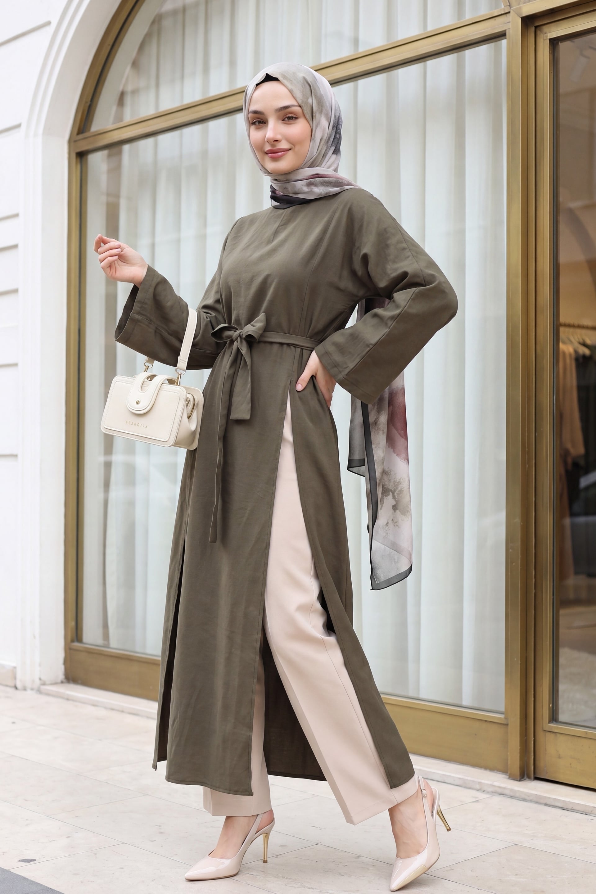 High Neck Deep Slit Belted Long Modal Tunic - Olive Green - Podyumplus - by Peralane