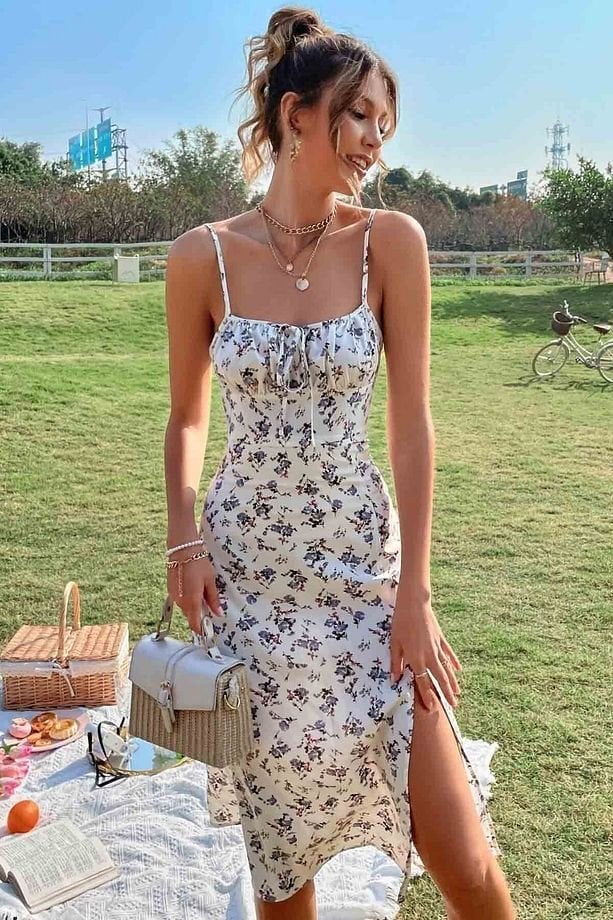 Women's Spaghetti Strap Floral Print Dress with Tie Neckline - Janes - by Peralane - photo 7
